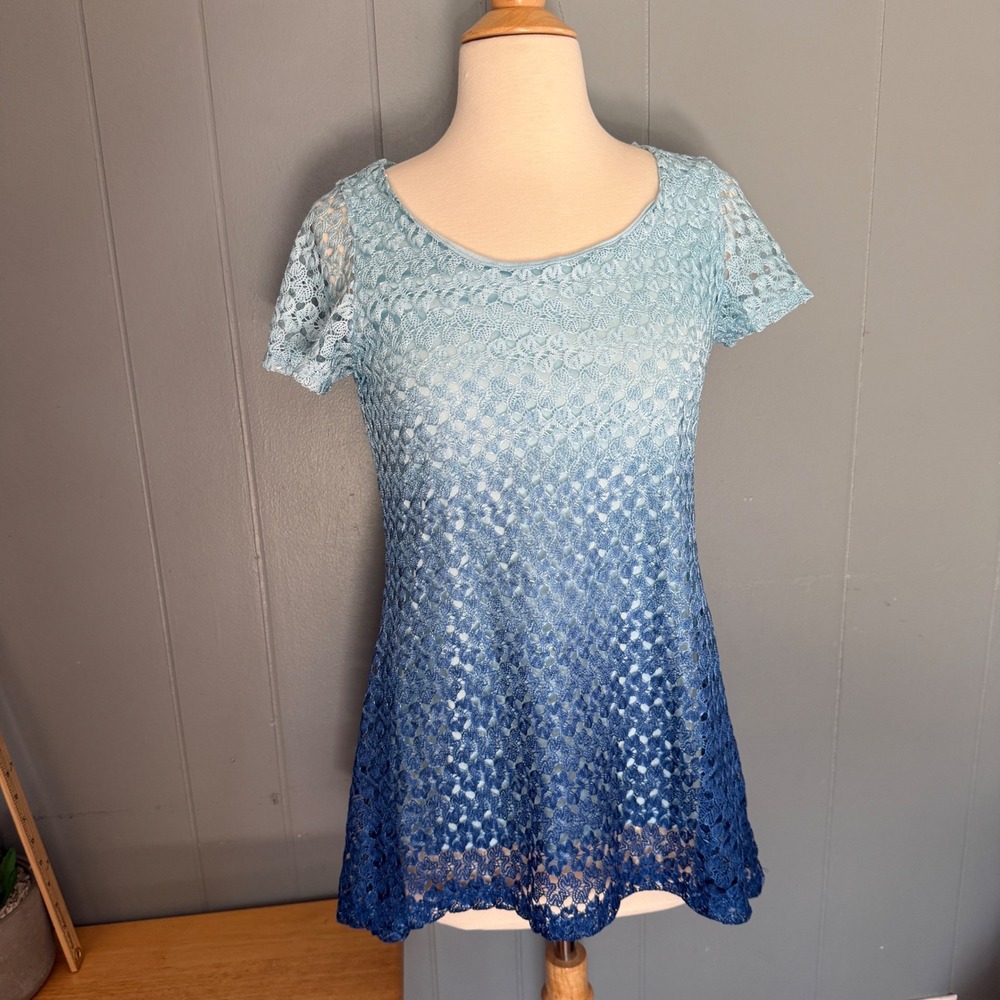 NY Collection Womens Blue Ombre Crochet Lace Short Sleeve Top XS MLAU0633